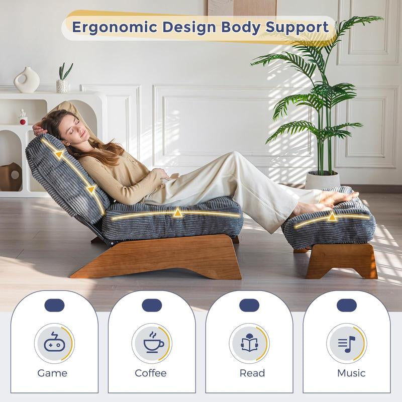 MAXYOYO Accent Chair with Ottoman Adjustable Backrest, Tufted Living Room Chair Upholstered Lounge Chair with Footrest Set, Modern Ergonomic Chair Cozy Reclining Chair for Reading Room, Wood Furniture